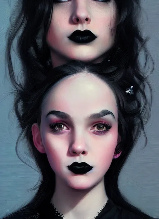 Image similar to portrait of a teen girl with a crooked nose and a confident expression, 1 9 6 0 s, black clothes, goth, punk, brightly coloured hair, funk, intricate, elegant, highly detailed, digital painting, artstation, concept art, smooth, sharp focus, illustration, art by wlop, mars ravelo and greg rutkowski