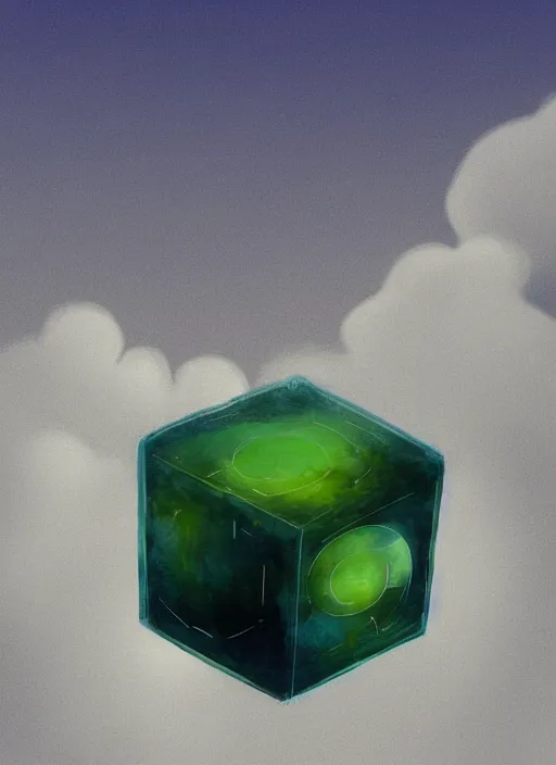 Image similar to an asymmetrical cell - shaded studio ghibli concept art study of a metal cube inside a transparent bubble in the sky. wide shot, very dull colors, hd, 4 k, hq