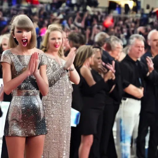 Prompt: taylor swift applauding the bp horizon oil spill event, ap news photograph, 4 k, high - resolution, taylor swift celebrating and cheering, smile, ecological disaster, great oil spill