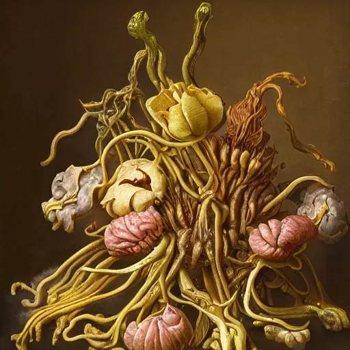 Image similar to disgusting disturbing dutch golden age bizarre mutant flower floral still life with many human toes very detailed fungus disturbing tendrils bizarre slimy forms sprouting up everywhere by rachel ruysch black background chiaroscuro dramatic lighting perfect composition high definition 8 k 1 0 8 0 p