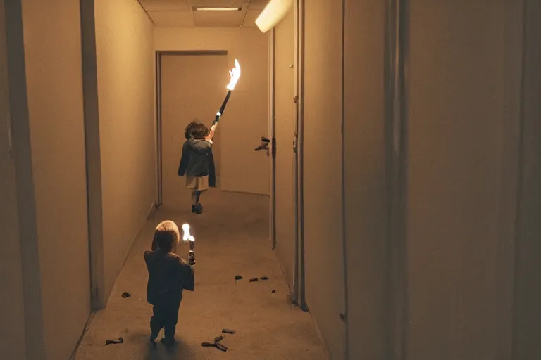 Image similar to a picture of a small child carefully holds torch through hallway filled with nightmarish monsters