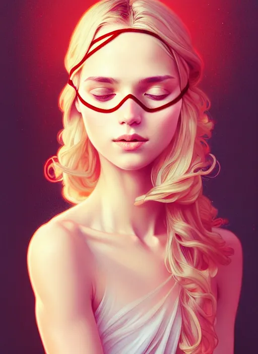 Image similar to blindfolded handsome young women with shoulder length blonde hair, symmetrical, half body shot, path traced, highly detailed, high quality, digital painting, alena aenami, lilia alvarado, shinji aramaki, karol bak, alphonse mucha, tom bagshaw