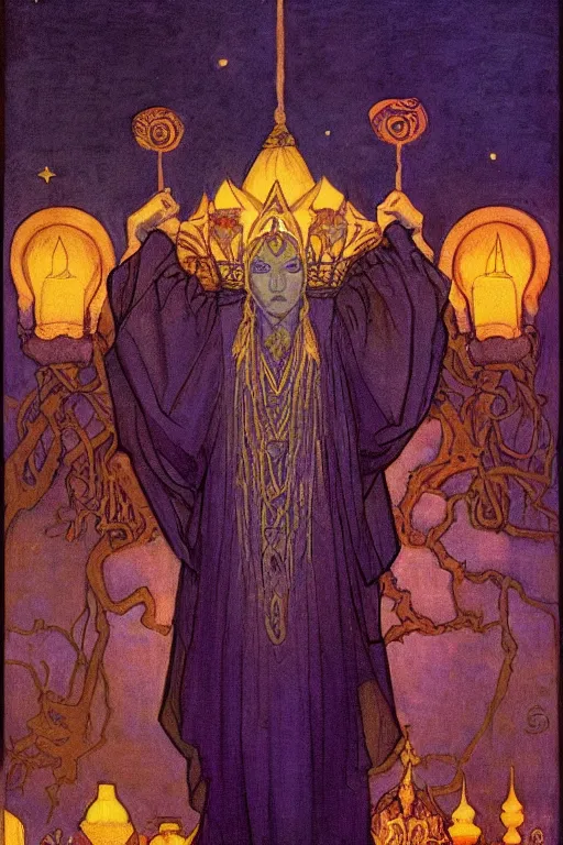 Prompt: child of darkness with their crown and lantern, by Nicholas Roerich and Annie Swynnerton and and Ivan Bilibin, dramatic cinematic lighting , ornate headdress , flowing robes, sacred artifacts, lost civilizations, smooth, sharp focus, extremely detailed
