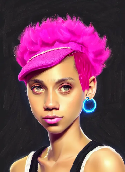 Image similar to portrait of teenage vanessa morgan with bright pink hair, black girl, curly pixie cut hair, wearing newsboy cap, pink short haircut, newsboy cap, hoop earrings, blue eyes, intricate, elegant, glowing lights, highly detailed, digital painting, artstation, concept art, smooth, sharp focus, illustration, art by wlop, mars ravelo and greg rutkowski