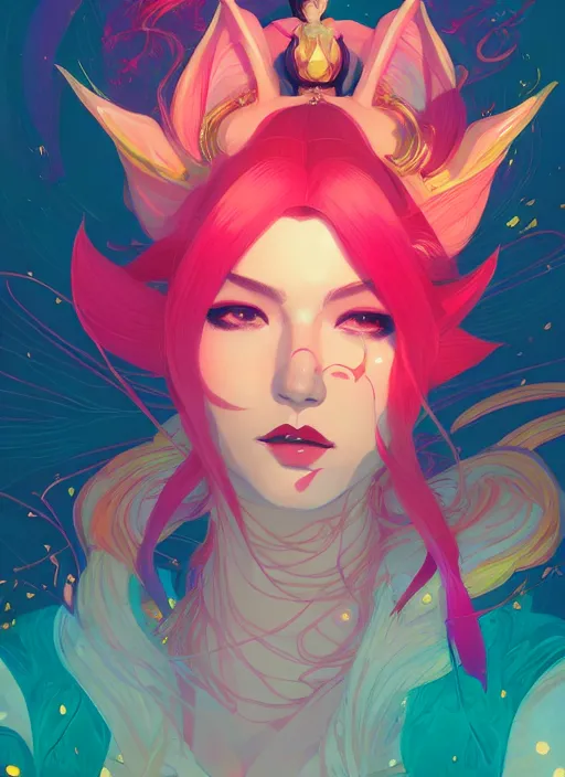 Prompt: portrait of ahri from league of legends, artstation winner by victo ngai, kilian eng and by jake parker, by conrad roset, swirly vibrant color lines, winning award masterpiece, fantastically gaudy, aesthetic octane render, 8 k hd resolution