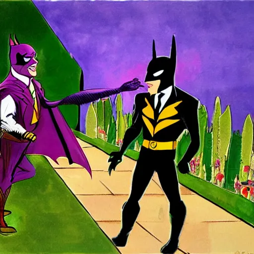 Image similar to batman fighting the joker in a garden by night in the style of justin mortimer