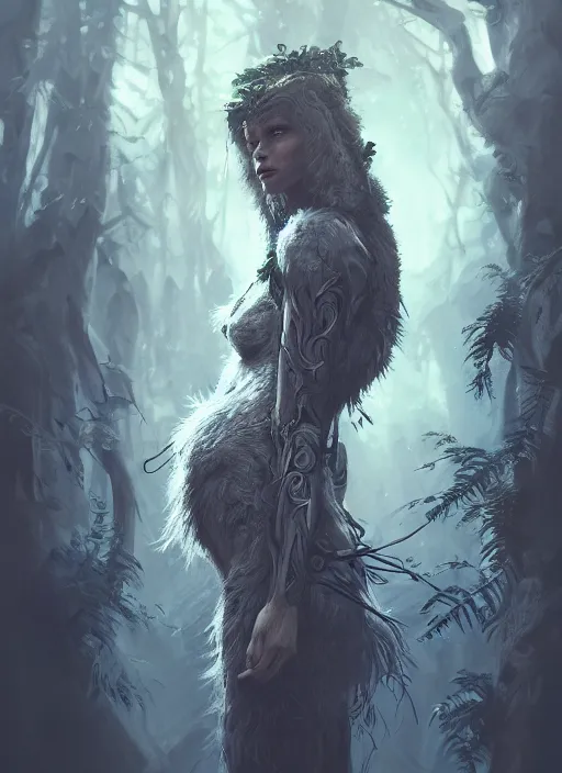 Prompt: portrait of the guardian of the forest, dramatic lighting, soft light, wonderful shading, realistic perfect face, concept art, dynamic pose, digital illustration, trending on artstation, intricate details, epic composition, sharp focus, 8 k uhd, masterpiece, wlop, ross draws