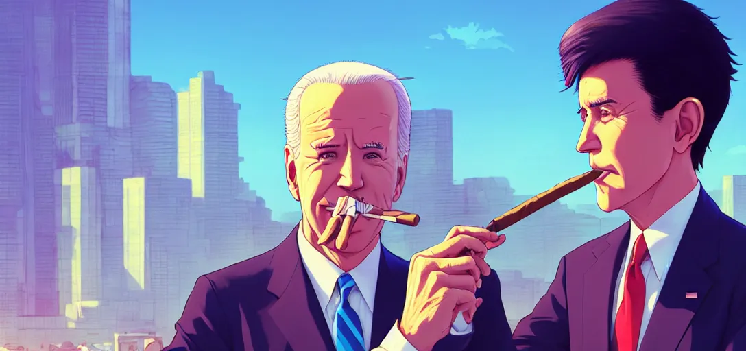 Image similar to ⁠portrait of Joe Biden Smoking a cigar , Karachi skyline background, rich vivid colors, ambient lighting, dynamic lighting, 4k, HQ, official media, anime key visual, makoto shinkai, ilya kuvshinov, lois van baarle, rossdraws, detailed, trending on artstation