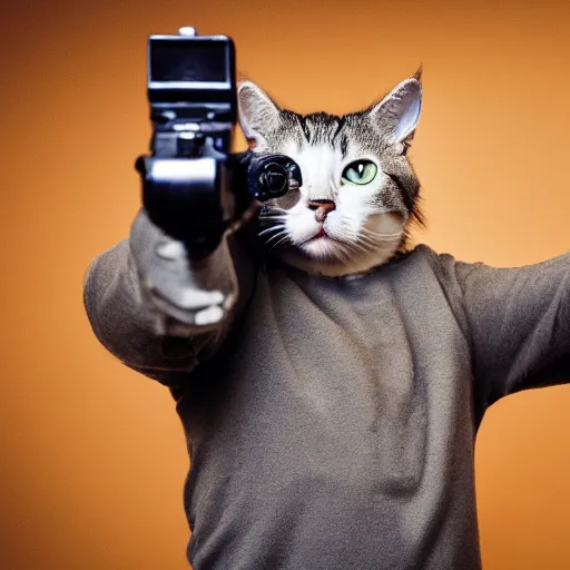 Prompt: cat pointing a gun at camera