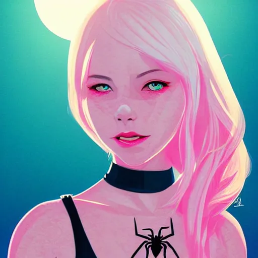 Image similar to girl portrait, Spider-woman gwen stacy, head and shoulders, matte print, pastel pink, digital art, cute freckles, digital painting, fan art, elegant, pixiv, by Ilya Kuvshinov, daily deviation, IAMAG