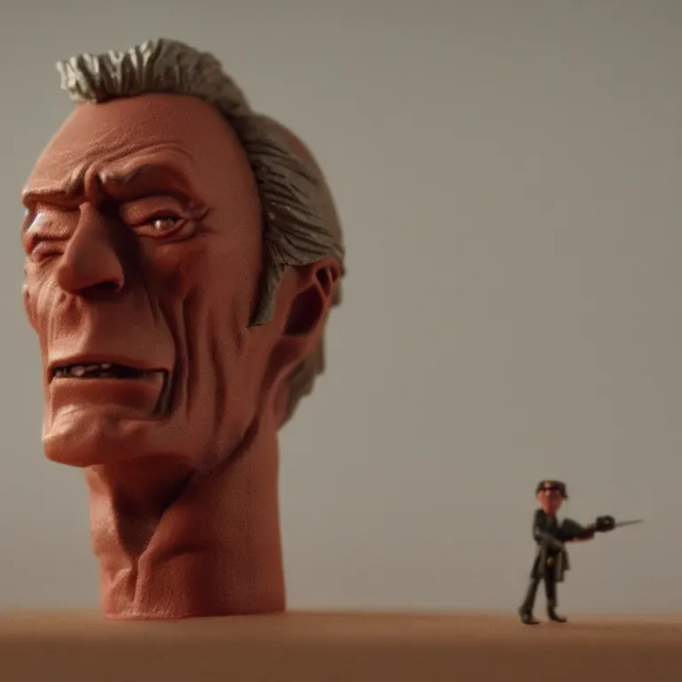 Image similar to a cinematic film still of a claymation stop motion film starring clint eastwood, shallow depth of field, 8 0 mm, f 1. 8