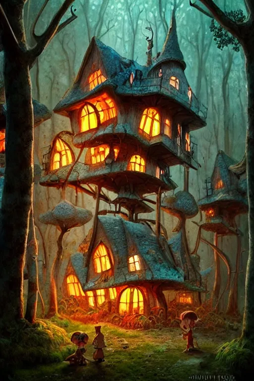 Image similar to a shot from a Jean pierre jeunet movie of a storybook style ramshackle multistory fairytale hut in the forest, intricate, elegant, fantasy, highly detailed, digital painting, concept art, sharp focus, artstation