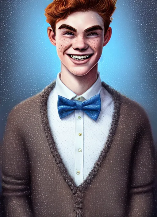 Image similar to portrait of teenage archie andrews, freckles, curly middle part haircut, curly hair, middle part hairstyle, smiling kindly, wearing a bowtie and sweater vest, intricate, elegant, glowing lights, highly detailed, digital painting, artstation, concept art, smooth, sharp focus, illustration, art by wlop, mars ravelo and greg rutkowski