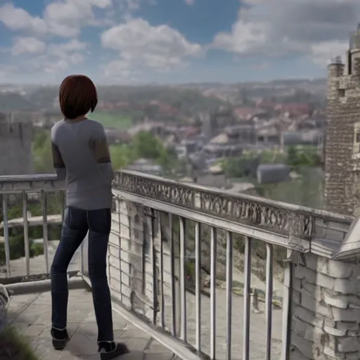 Image similar to A 3D render of Max Caulfield on the balcony of a castle