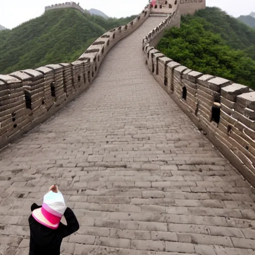 Prompt: A clay figure walks on the Great Wall of China