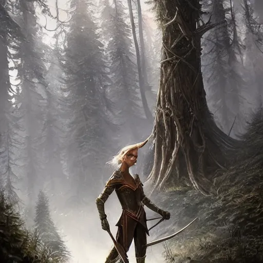 Prompt: elves with armors foot soldiers in rivendel forest city, epic masterpiece of cinematographic hyperrealism, realistic shaded lighting poster by craig mallismo, artgerm, jeremy lipkin and michael garmash, unreal engine, radiant light, detailed and intricate environment, digital art, art station trends