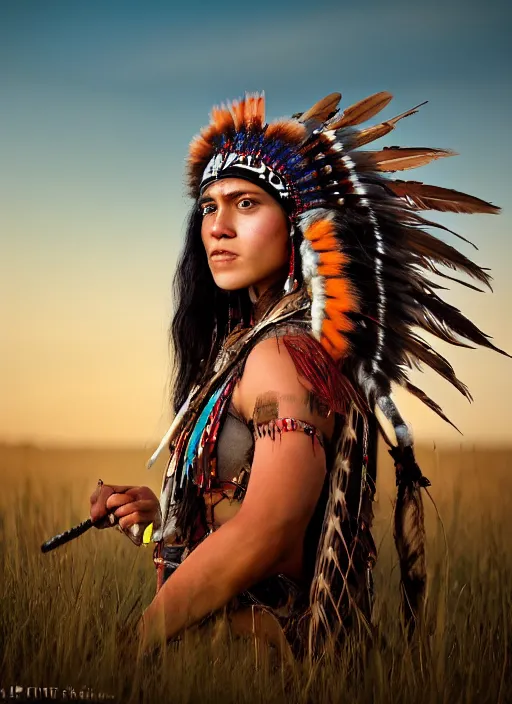Image similar to hyper detailed photo of an American Indian warrior princess wearing a headdress, in a field with a bison at sunset, long black hair, maximalist, hd, 8k, muted colors,