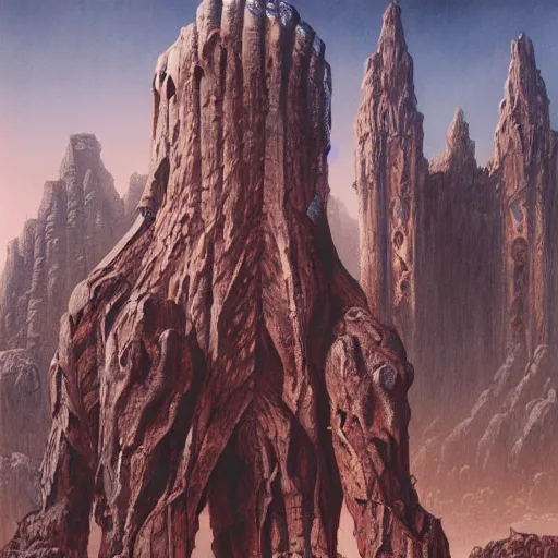 Prompt: concept art of a giant golem, day time, foreboding, fantasy, valley, wayne barlowe