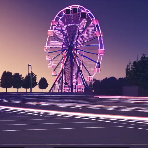 Image similar to one ferris wheel at night in an empty parking lot, hyperrealistic, concept art, octane render, unreal engine 5, trending on artstation, high quality, highly detailed, 8 k hdr, soft lighting, path traced, starry background, bloom, high coherence, symmetrical, high contrast, digital art, serene landscape, cinematic