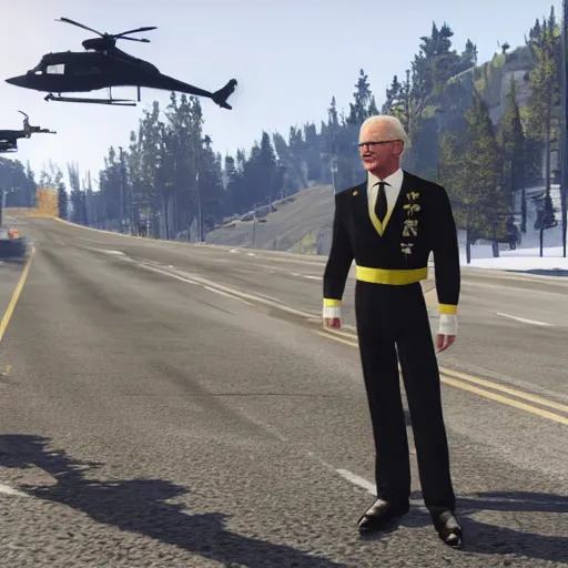 Prompt: Carl XVI Gustaf, declaring war against the United States of America, GTA5 style