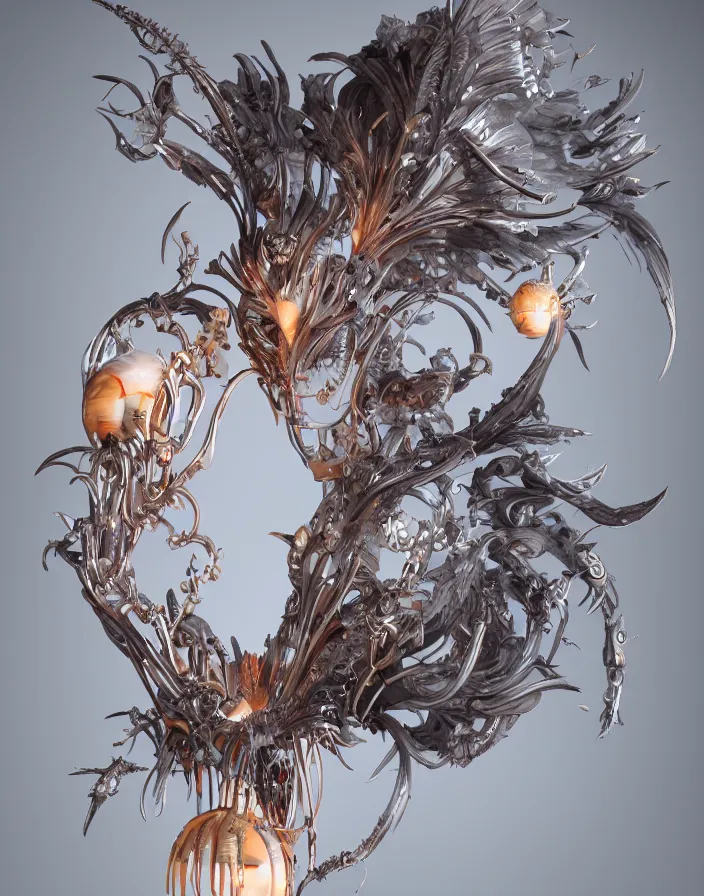 Prompt: symmetrical beautiful phoenix princess face in biomechanical mask of a cyberpunk demon by Roberto Ferri. Edison bulb. white plastic. human skull jellyfish butterfly phoenix head. burning water. baroque ornament details, intricate artwork by Tooth Wu and wlop and beeple and dan mumford and greg rutkowski. halo. octane render, cinematic, hyper realism, octane render, 8k, depth of field, bokeh. iridescent touch. vibrant. saturated. blade runner style