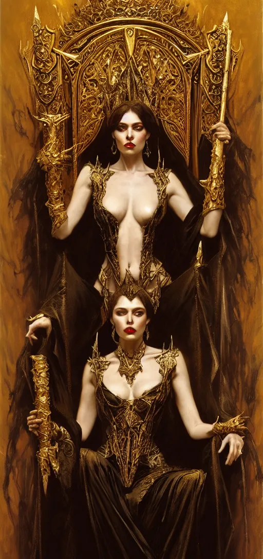 Image similar to full body portrait of beautiful vampire queen in gold gothic robes sitting on a throne of bones, elegant, highly detailed painting by gaston bussiere, craig mullins, j. c. leyendecker, 8 k, mid shot