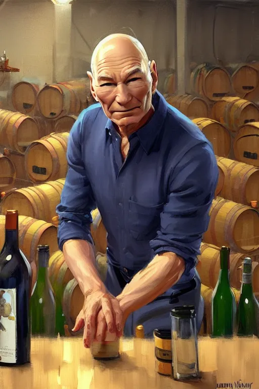 Image similar to patrick stewart working in a winery, animation pixar style, by magali villeneuve, artgerm, jeremy lipkin and michael garmash, rob rey and kentaro miura style, golden ratio, trending on art station