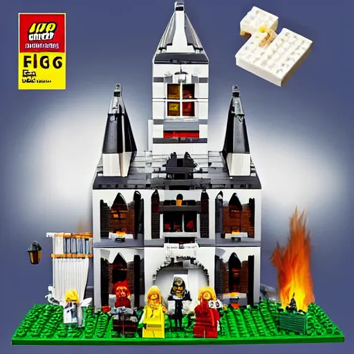 Prompt: Salem witch trial Lego set, burn the witch, witch burning, large Lego set box