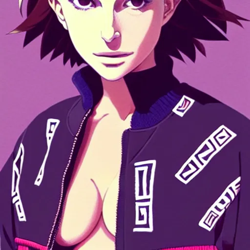 Image similar to a beautiful! boyish! natalie portman alluring gravure! model, wearing oversized aztec bomber jacket and leotard, poofy bomber jacket with mayan patterns, gapmoe yandere grimdark, trending on pixiv fanbox, painted by greg rutkowski makoto shinkai takashi takeuchi studio ghibli, akihiko yoshida