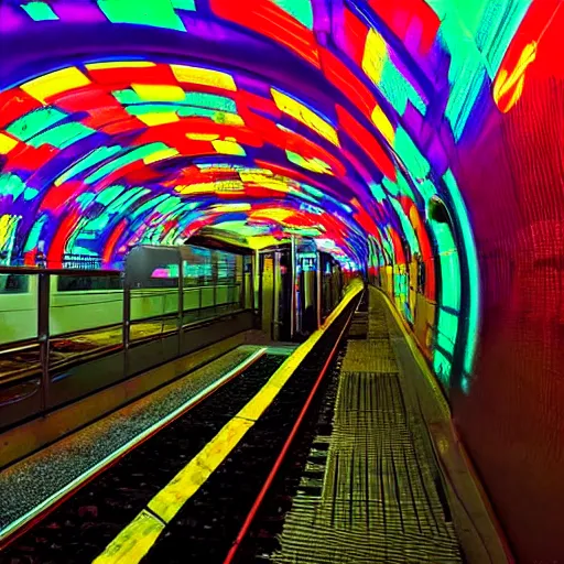 Image similar to underground train station, futuristic, neon colours, highly saturated, high def, 8 k, hd, highly detailed,