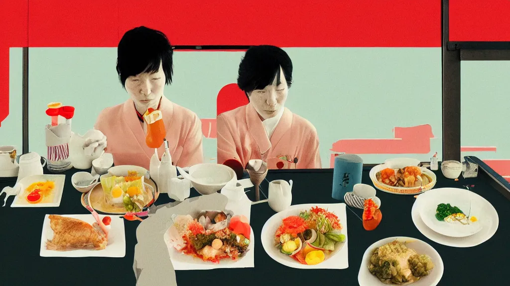 Prompt: tourist's meal on the bullet train, rural japan, a collage painting, in the style of wes anderson, lola dupre, david hockney, isolated on negative white space background dark monochrome neon spraypaint accents volumetric octane render