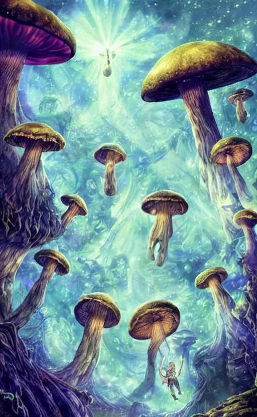 Image similar to donald trump stars in the sky fairies with detailed faces enchanted forest mushrooms on the ground psychedelic wide angle shot white background vector art illustration gears of war by frank frazetta