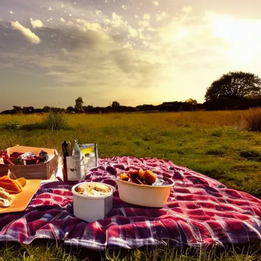 Prompt: a wonderful picnic beneath blue sky with puffy clouds the day glorious with portend and omen as fireworks light the encroaching twilight on the horizon