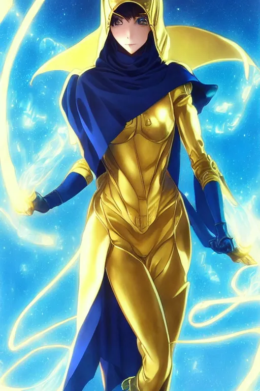 Image similar to anime key visual of a beautiful young female doctor fate!! intricate, gold and blue suit, cape, glowing, powers, dc comics, cinematic, stunning, highly detailed, digital painting, artstation, smooth, hard focus, illustration, art by artgerm and greg rutkowski and alphonse mucha