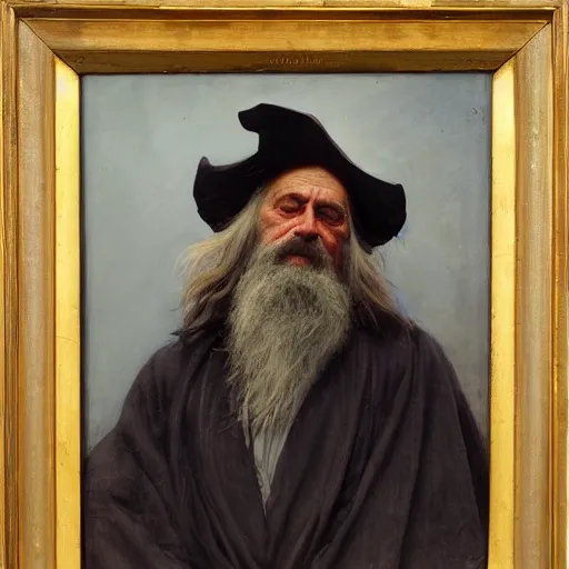 Image similar to Solomon Joseph Solomon and Richard Schmid and Jeremy Lipking victorian genre painting portrait painting of a old rugged actor wizard wearing a wizard hat and robe from the hobbit , red background