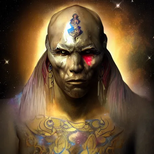 Prompt: an Artstation cinematic 4d render of Very very very very highly detailed beautiful mystic portrait of a phantom warrior with galaxy, tattoos by Anton Pieck, intricate, extremely detailed, sharp focus, intimidating lighting, incredible art,