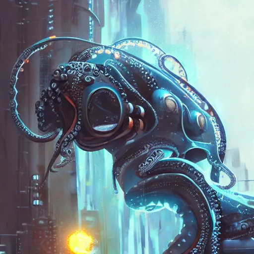 Image similar to portrait of a a cyborg octopus in a scenic environment, cyberpunk, mechanical parts, electric sparks, trending on artstation