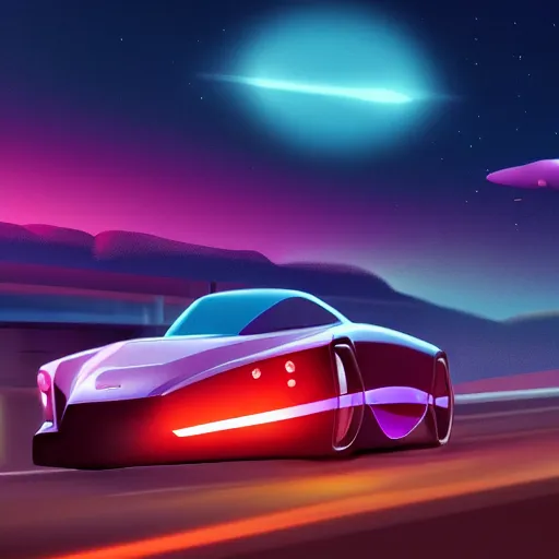 Image similar to a car driving along the pacific coast highway, midnight, synthwave, concept art, digital art, 8 k wallpaper, trending on artstation