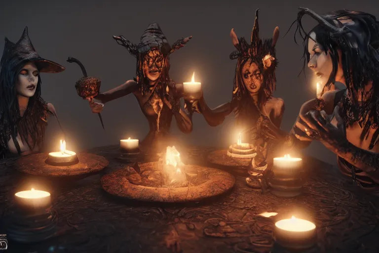Image similar to dark witches doing a ritual. Ornate details, award winning, Octane render, 4k, 8k, unreal 5, very detailed, hyper control-realism, trending on artstation.”