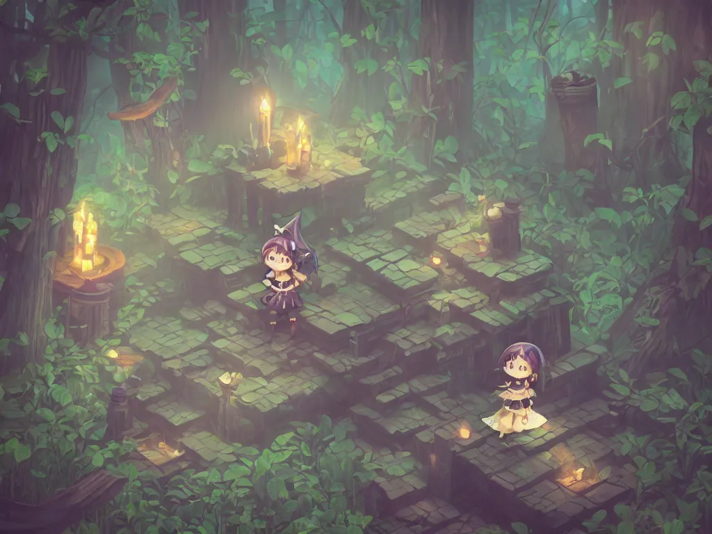 Image similar to cute fumo plush gothic witch girl exploring a forbidden cursed magic temple in the woods, magical glow, isometric perspective, orthographic, vignette, vray