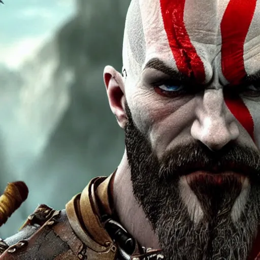 Prompt: kratos from god of war staring intently at a mobile phone