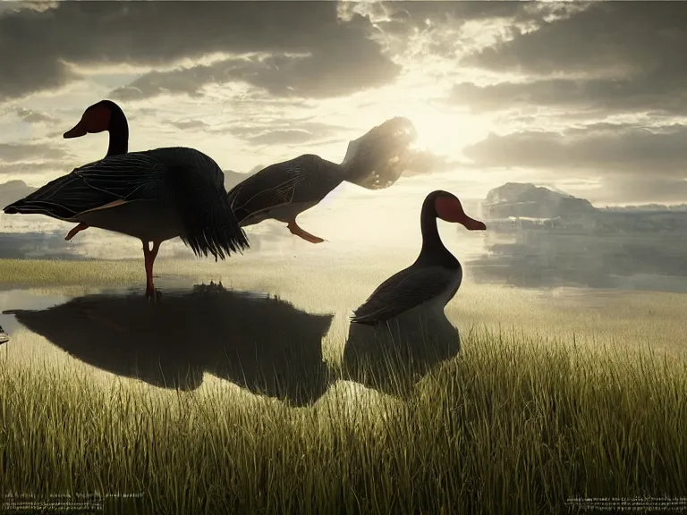 Image similar to geese dreaming of a better life, where no one will harm them, where love conquers all, 8 k, ultra realistic, lens flare, atmosphere, glow, detailed, intricate, full of colour, cinematic lighting, trending on artstation, 4 k, hyperrealistic, focused, extreme details, unreal engine 5, cinematic, masterpiece