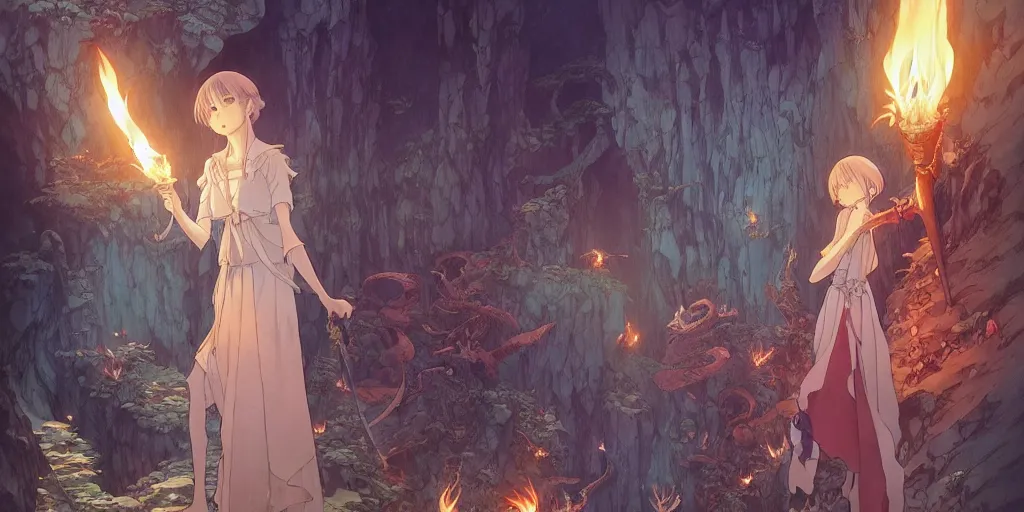 Prompt: the girl and the magic dragons cave. anime visual. torches, dark. by hayao miyazaki and rossdraws and artgerm and chie yoshii and detmold and greg rutkowski and alphonse mucha. anime production by studio ghibli. high quality, stunning, intricate detailed environment. 8 k