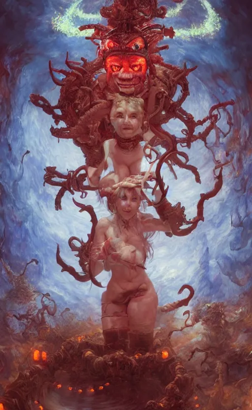 Prompt: a terrifying red dwarf with ram horns serving grog at a fantastical demon pub in hell, floating cloth whirlpool, butterfly hard lighting ethereal horror fantasy art by and hajime sorayama, yukito kishiro, raymond swanland and monet, ruan jia, by wlop