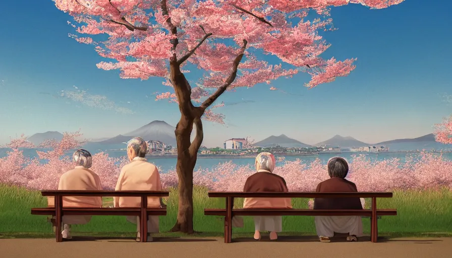 Prompt: back view of an old japanese couple watching sunset while sitting on the bench, cherry blossoms, village in the horizon, lake, paint by osamu tezuka, hyperdetailed, artstation, cgsociety, 8 k