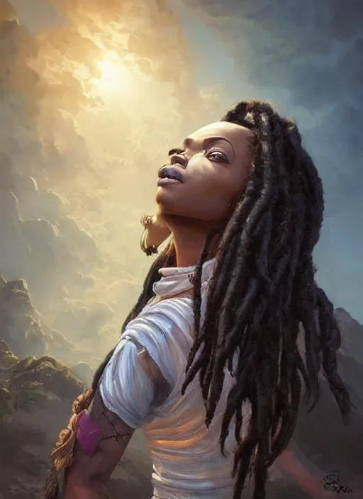 Image similar to girl with black dreadlocks, beautiful highly detailed face, complementary lighting, backlit, black eyeshadow, grinning, adventure, dramatic lighting, landscape background, beautiful painting by artgerm and greg rutkowski and raymond swanland