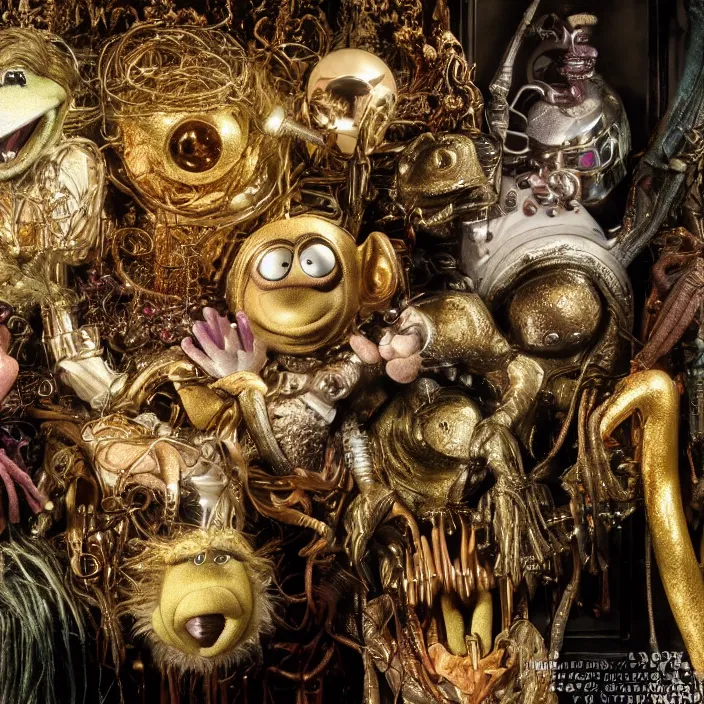 Prompt: the muppet show, photorealism by h. r. giger, tim burton, full colour spectrum, iridescent specular highlights, white biomechanical, gold, bronze, copper, chrome, titanium, by h. r. giger, tim burton supersampled, 8 k, beautify