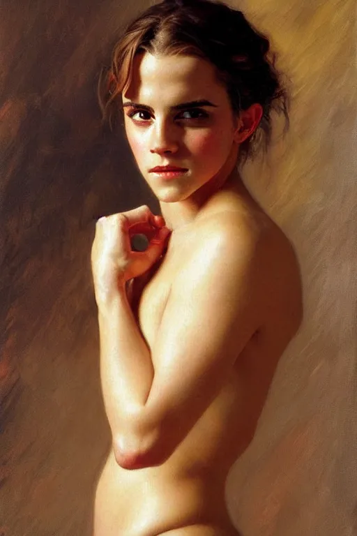 Prompt: detailed portrait of a beautiful emma watson thicc muscular, painting by gaston bussiere, craig mullins, j. c. leyendecker