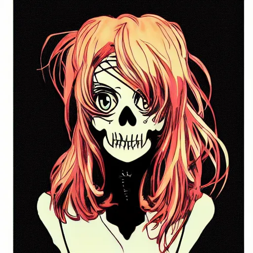 Image similar to anime manga skull portrait girl female profile skeleton astronaut illustration 80s art frank miller dirko and alphonse mucha pop art nouveau