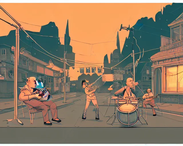 Image similar to a study of cell shaded cartoon of a band playing a microKorg synthesizer and drums floating above a country road, street lamps, road, illustration, wide shot, subtle colors, post grunge, concept art by josan gonzales and wlop, by james jean, Victo ngai, David Rubín, Mike Mignola, Laurie Greasley, highly detailed, sharp focus, Trending on Artstation, HQ, deviantart, art by artgem